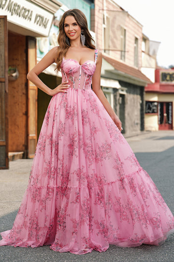 Blush Floral A Line Spaghetti Straps Corset Prom Dress